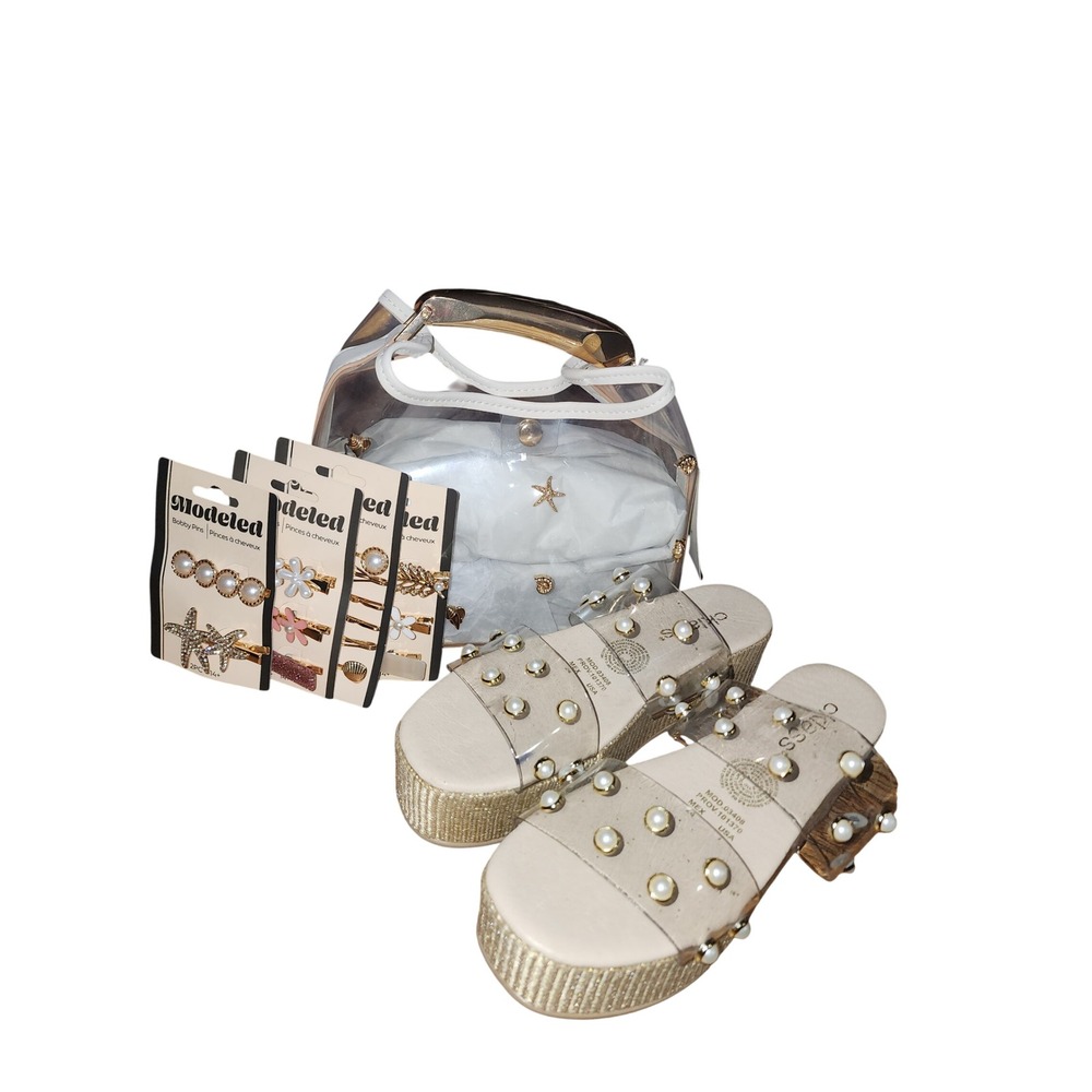 New Day Clear Starfish Bag Cklass Pearl Platform Sandals sz7 & Hair Clip Bundle